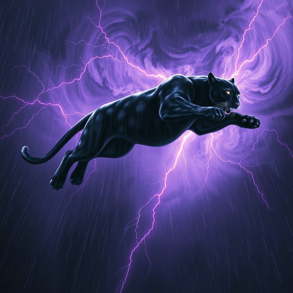 Panther Leaps Through Stormy Sky: Ethereal Digital Painting