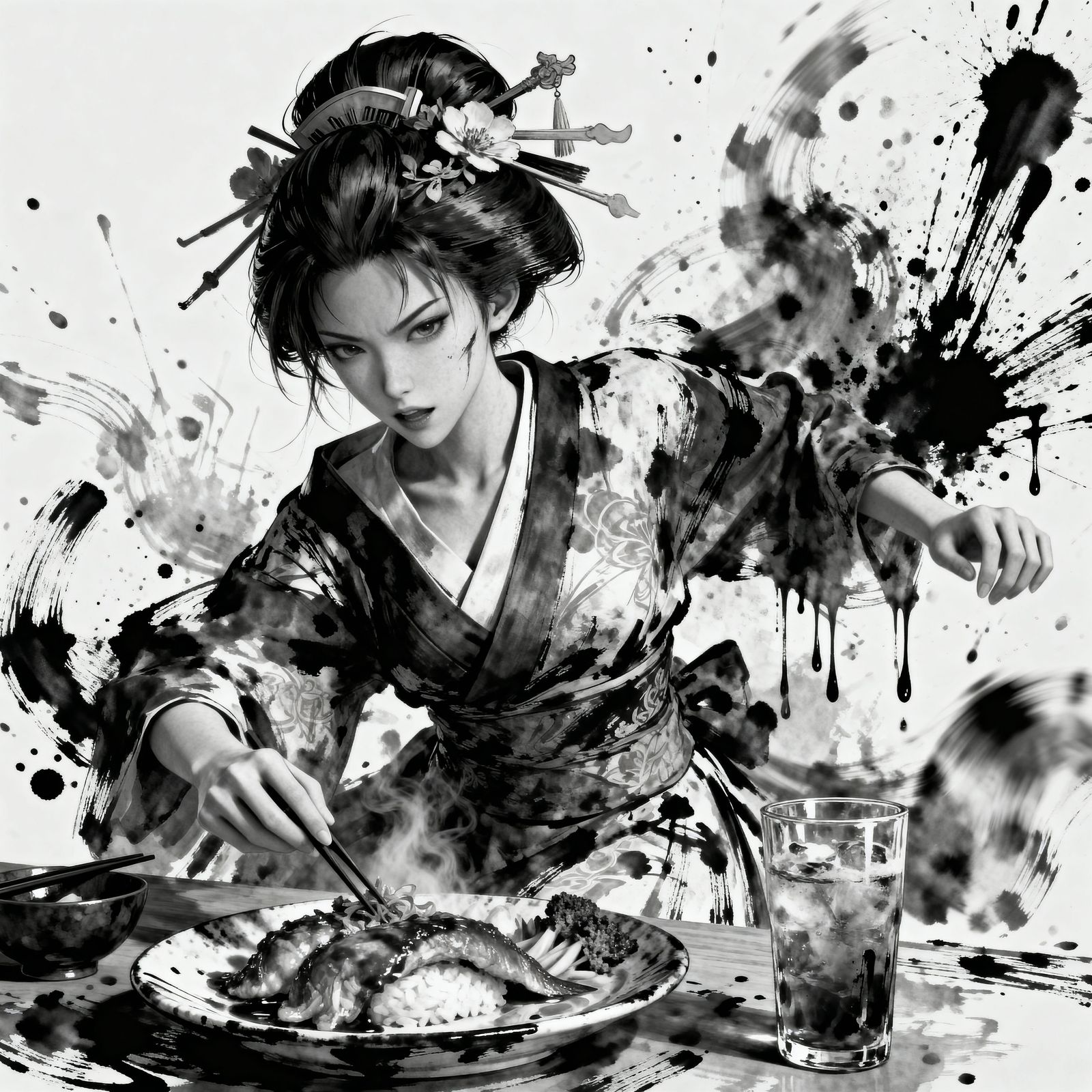 Dynamic Geisha in Abstract Mixed-Media Action