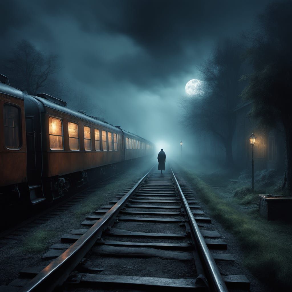 Ethereal Midnight Express in Foggy Railway Station
