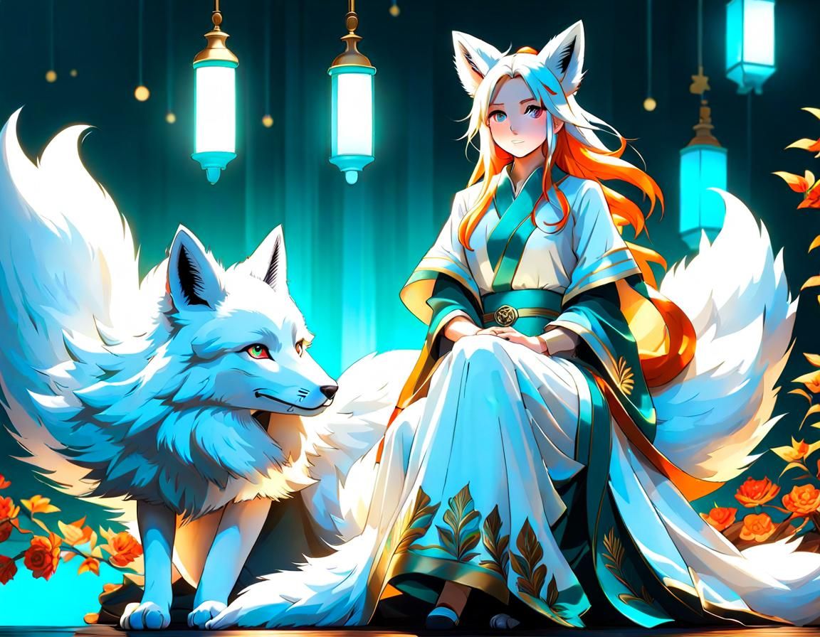 Anime Kitsune Girl with Foxes in Volumetric Lighting
