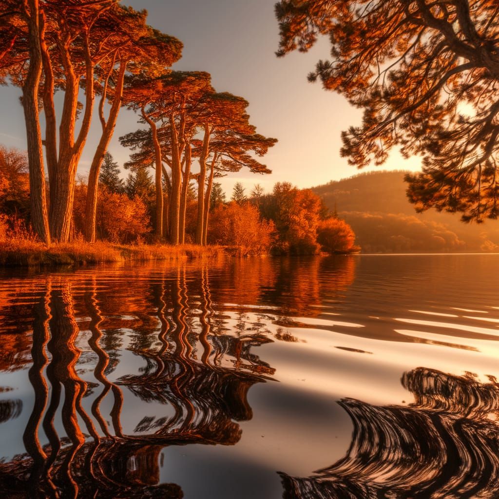 Golden Hour Lakeside Reflection Photo
