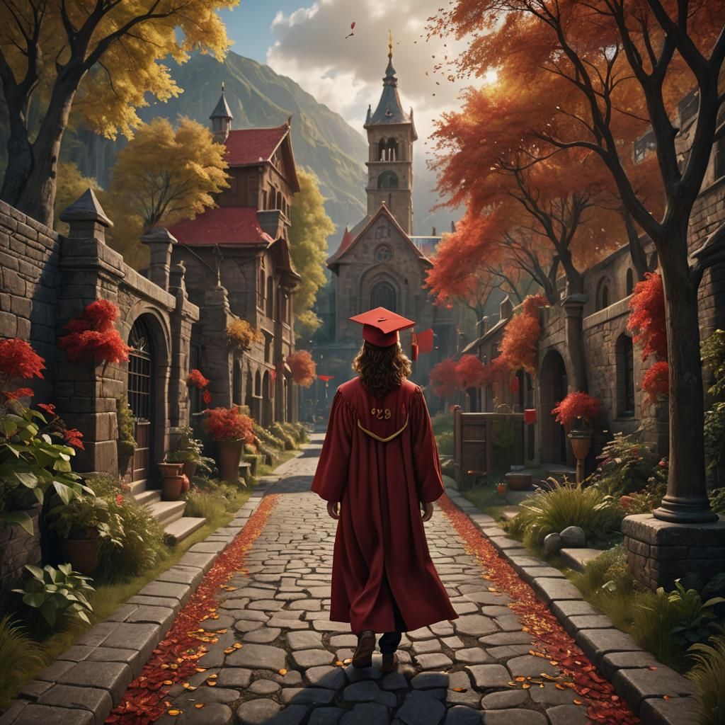 Graduate Walking in Cap and Gown: Fantasy Concept Art