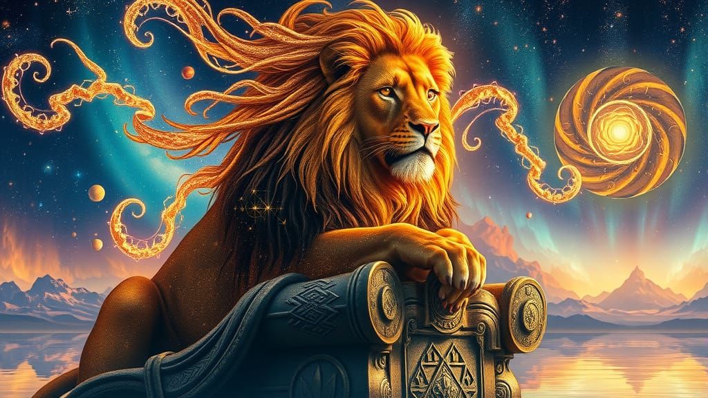 Regal Lion Surrounded by Cosmic Wonders