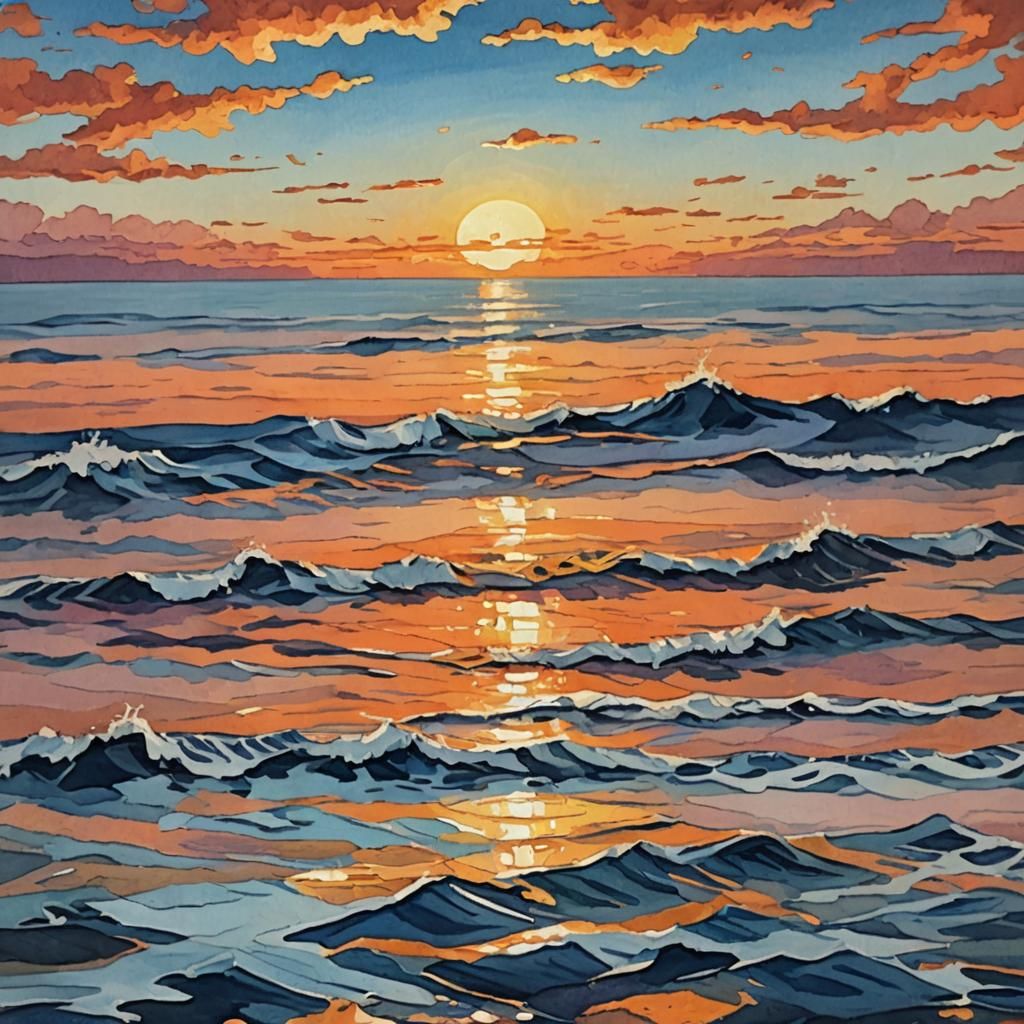 Sunset Ocean Reflection: Gouache Style Painting
