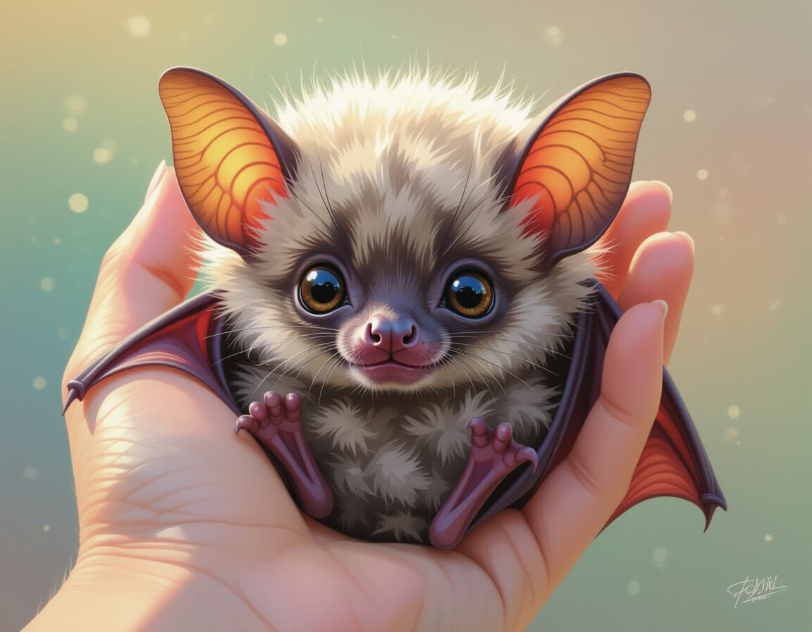 Cute Fluffy Baby Bat in Caring Hand