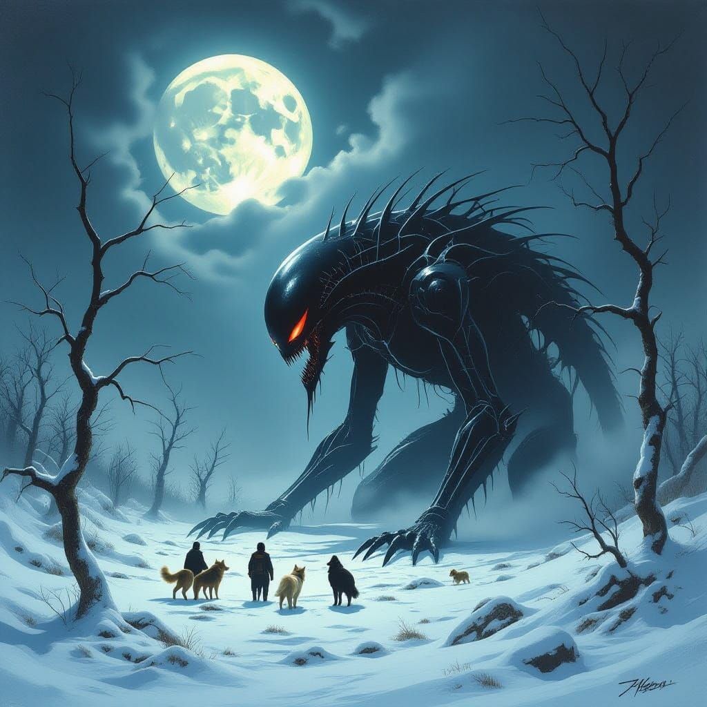 Biomechanical Horror Attacks Sled Dogs in Dark, Snowy Landsc...