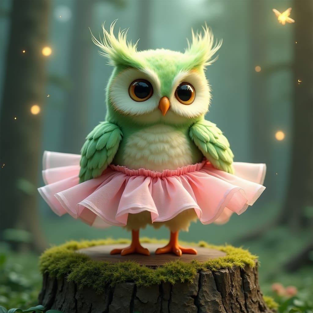 Green Owl in Pink Tutu, Ethereal Art