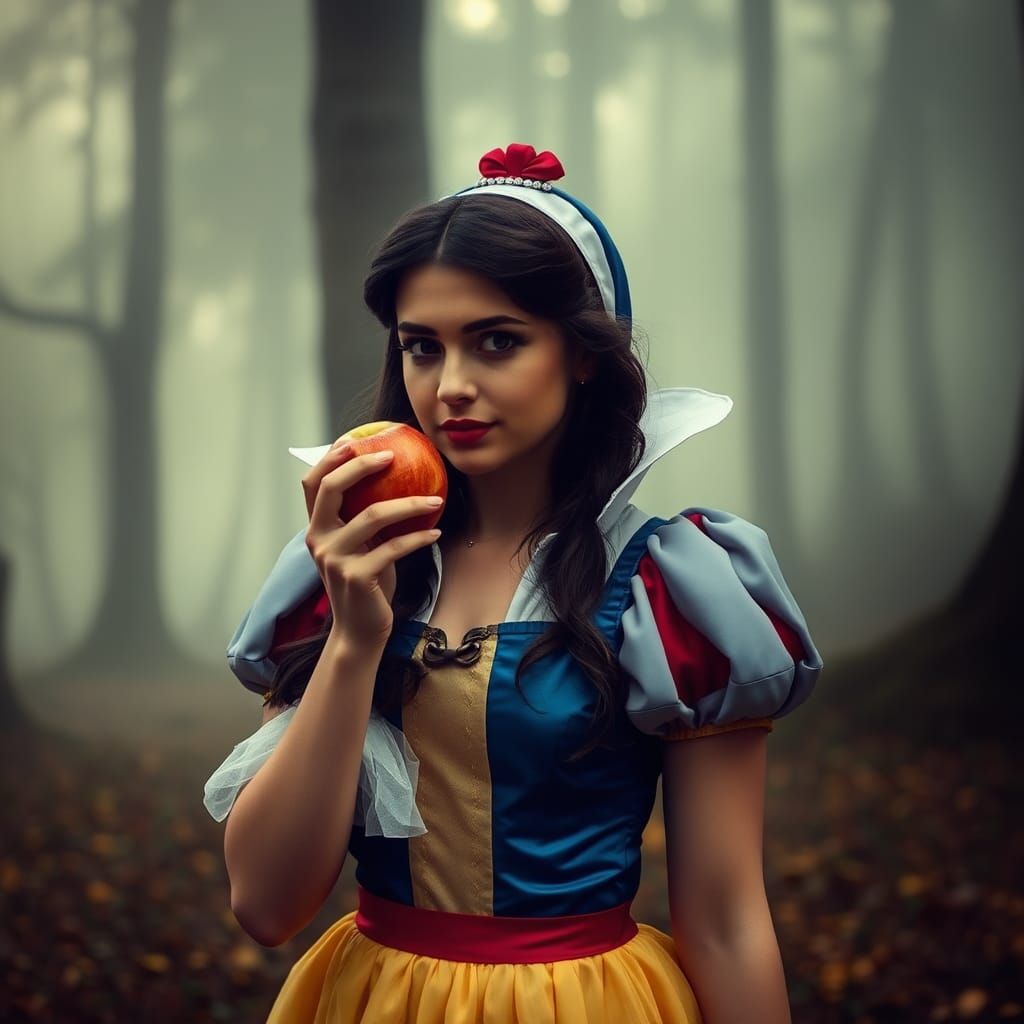 Hyperrealistic Snow White in Forest with Apple