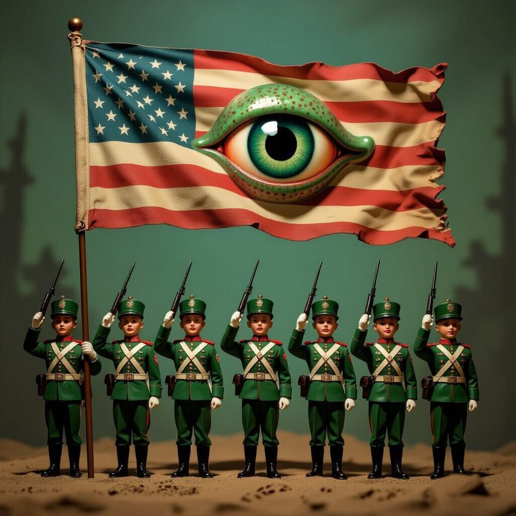 Green Toy Soldiers Salute Squid Eye Flag in Surreal Style