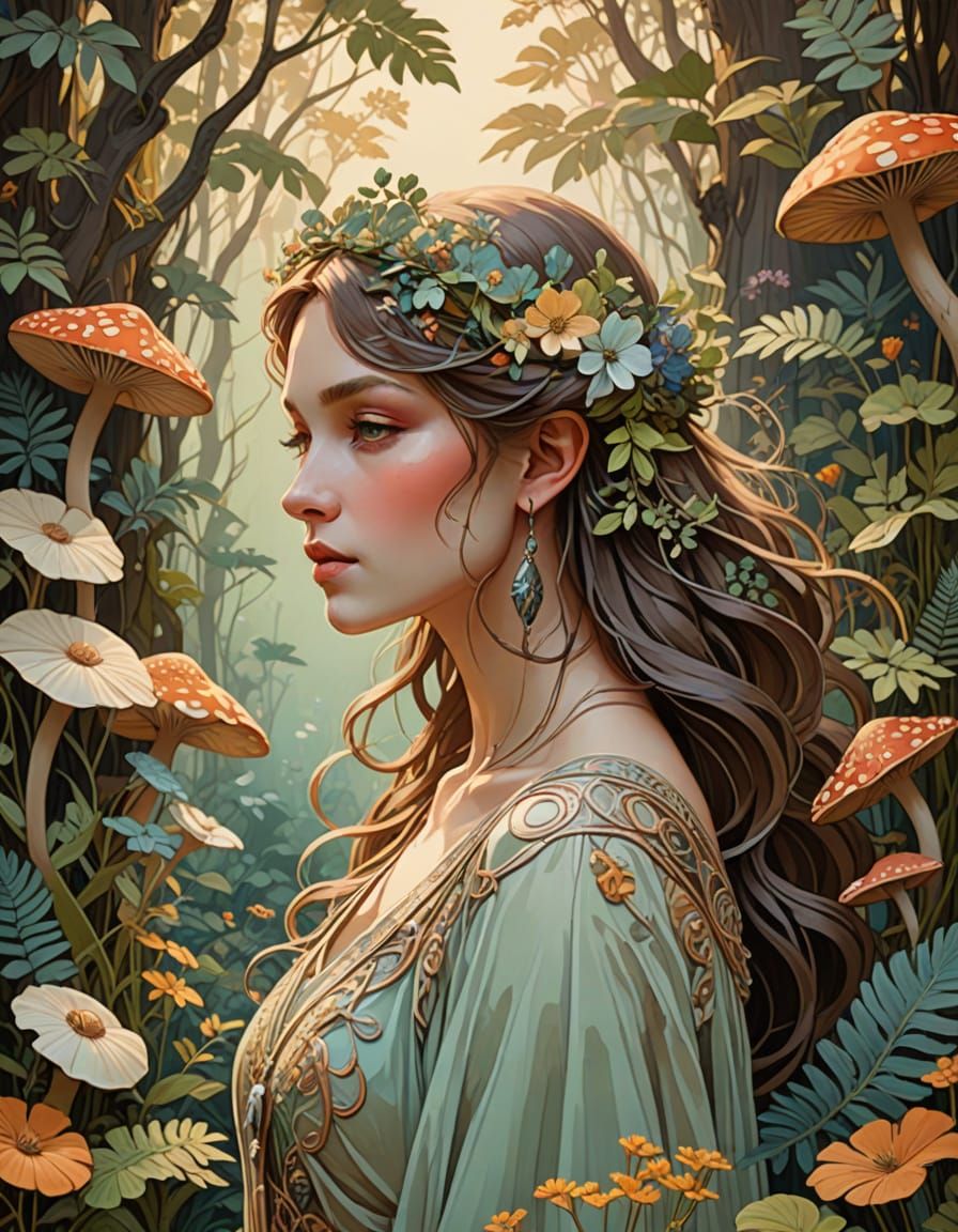 Art Nouveau Forest Nymph Poster with Floral Patterns