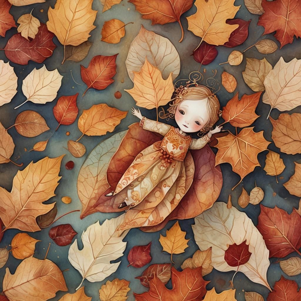 Tiny Person on Autumn Leaf: Whimsical Fantasy Illustration