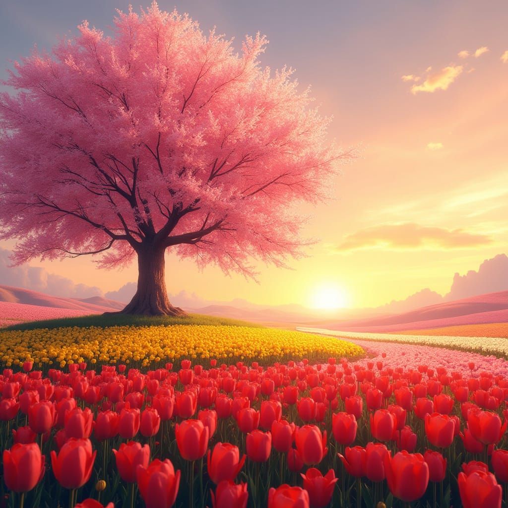 Surreal Cherry Blossom Landscape in Vibrant Sunset Colors