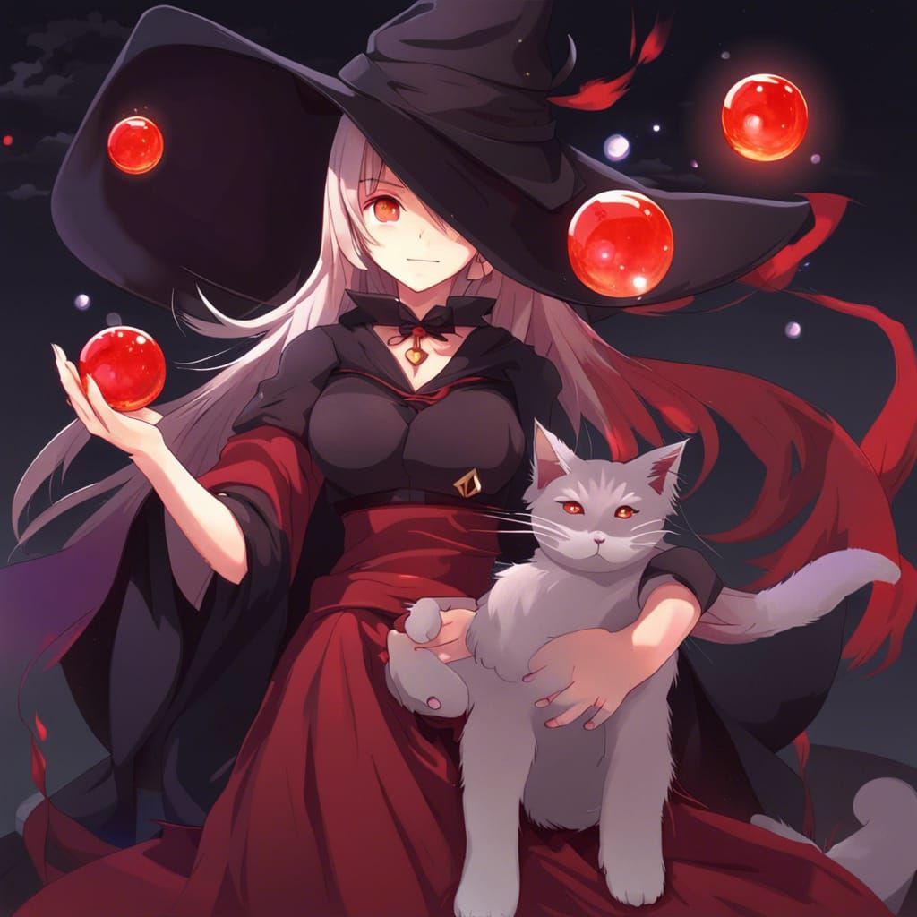 Anime Witch with Cat and Red Aura