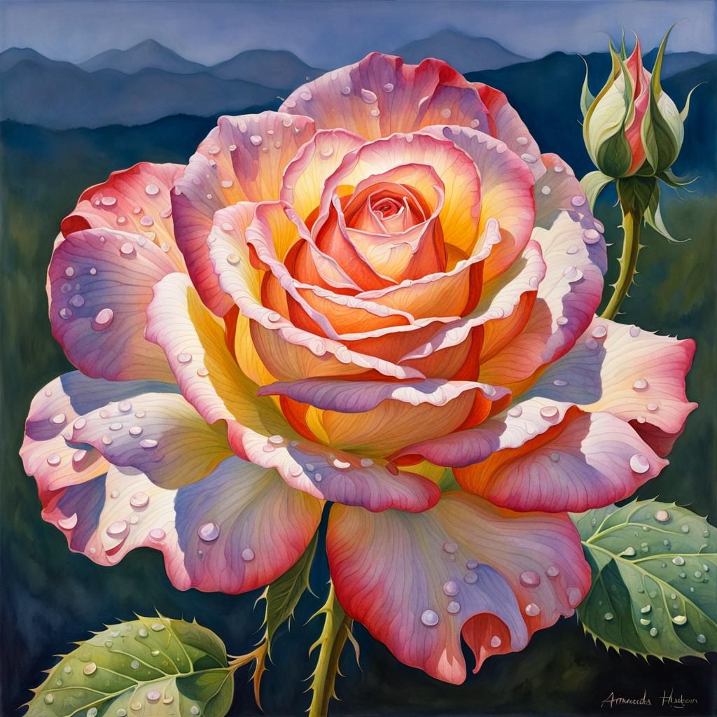 Watercolor Rose with Dew Drops in Hudson River Style