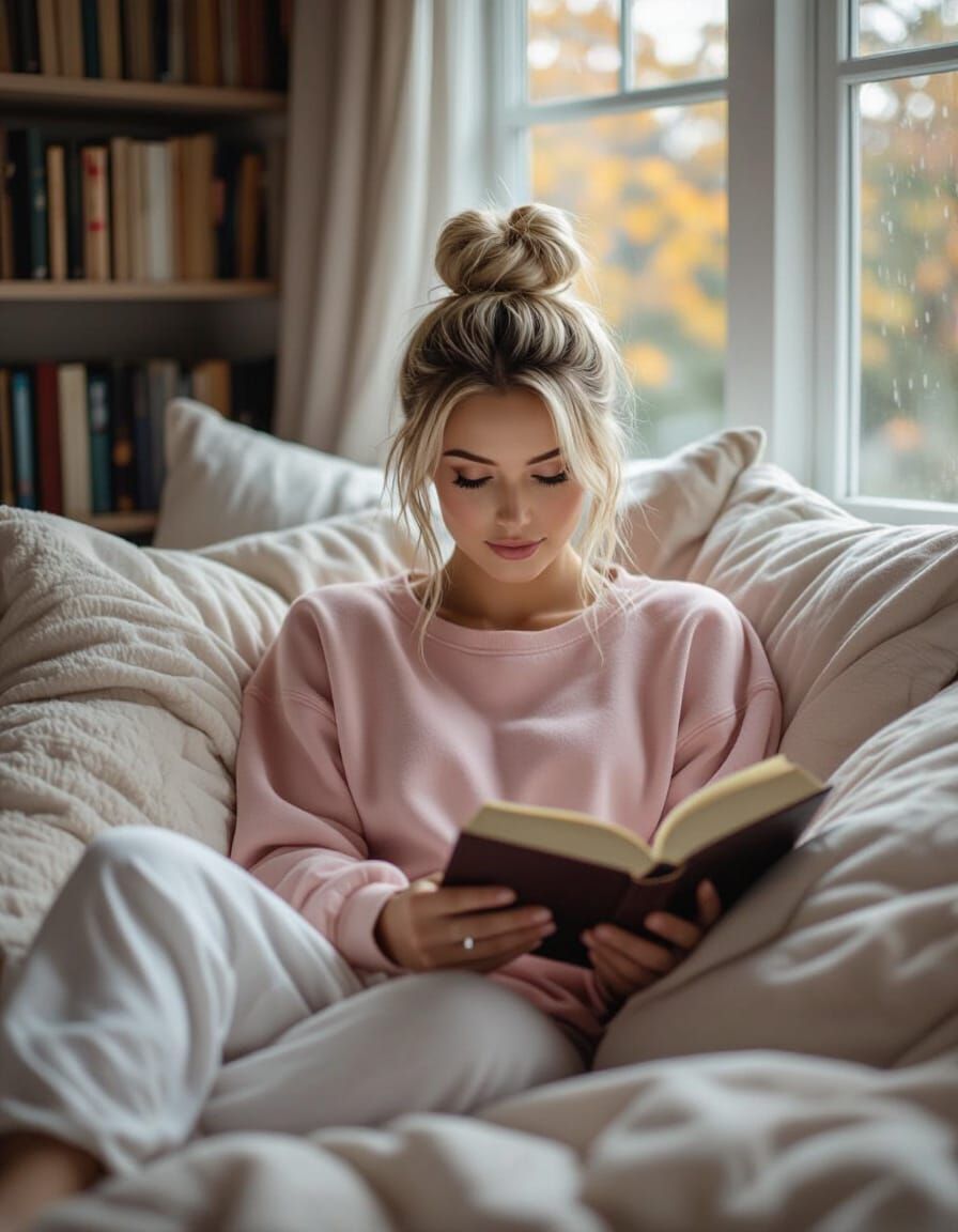 Cozy Autumn Bedroom Scene with Woman Reading