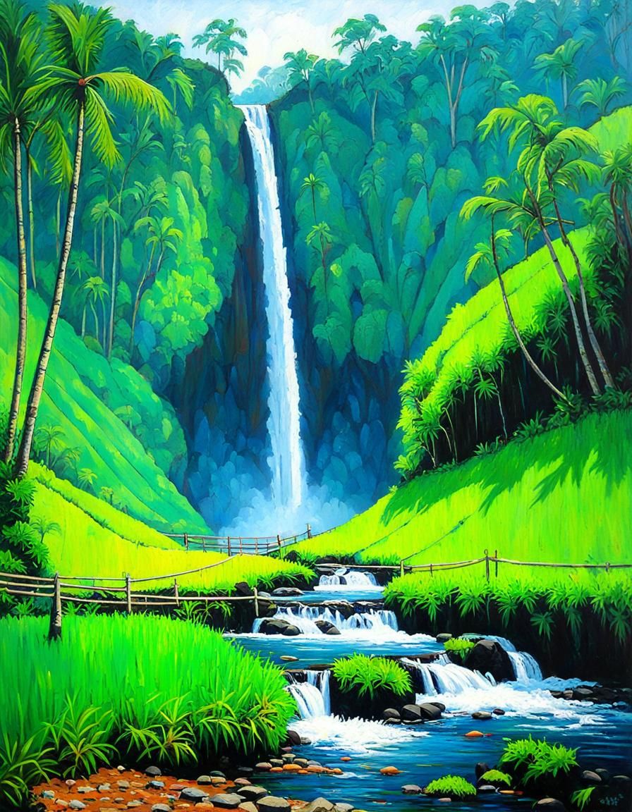 Balinese Rice Field Waterfall in Oil Painting Style