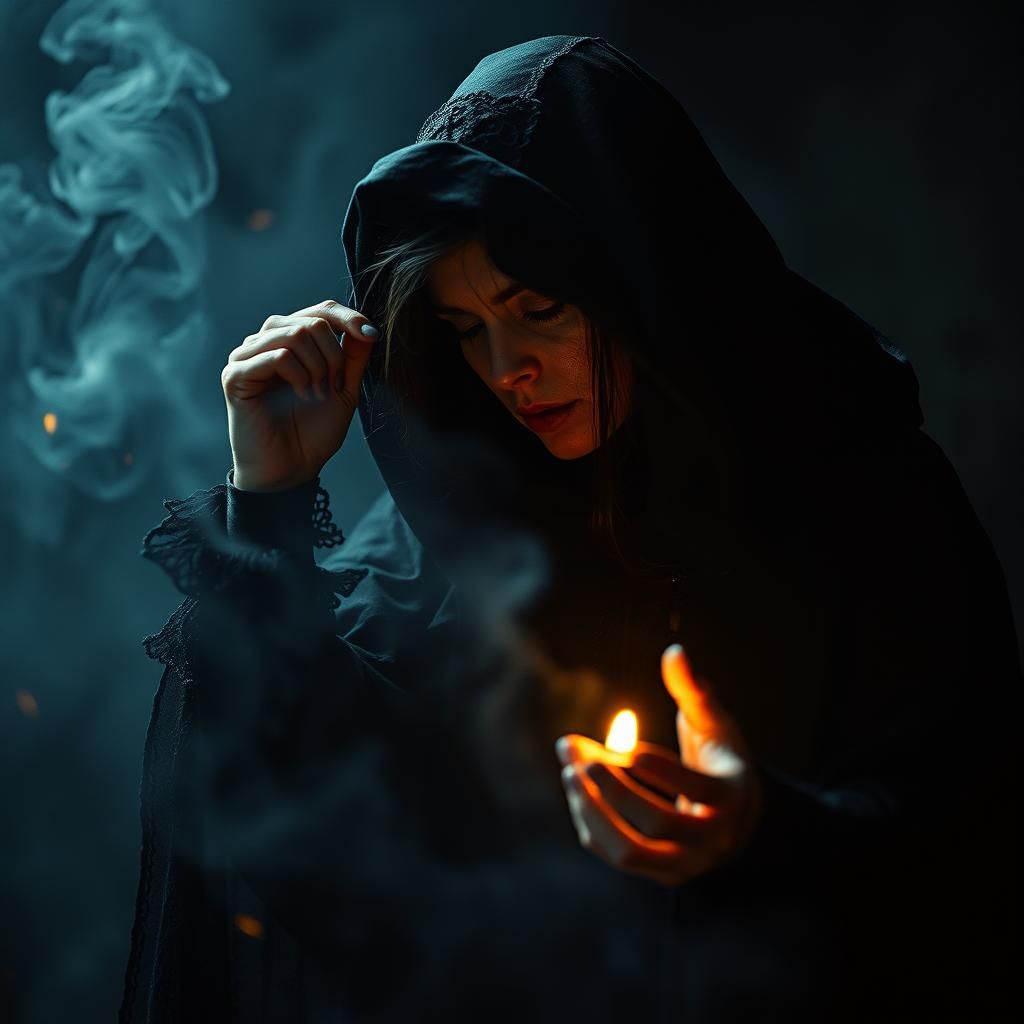 A charcoal raven sorceress weaving chaos spells Cinematic fi...