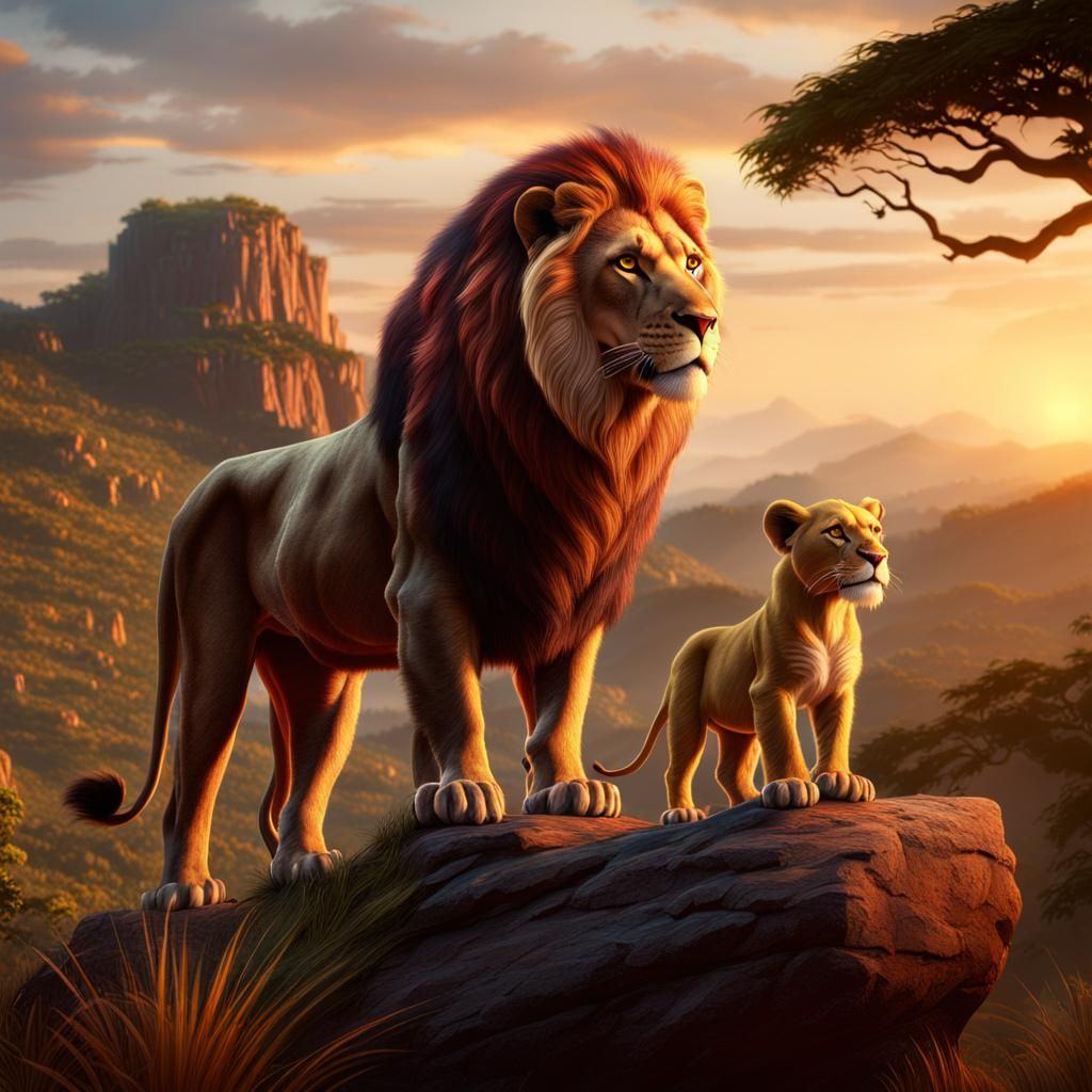 Lion King and Son at Sunset: Fantasy Art