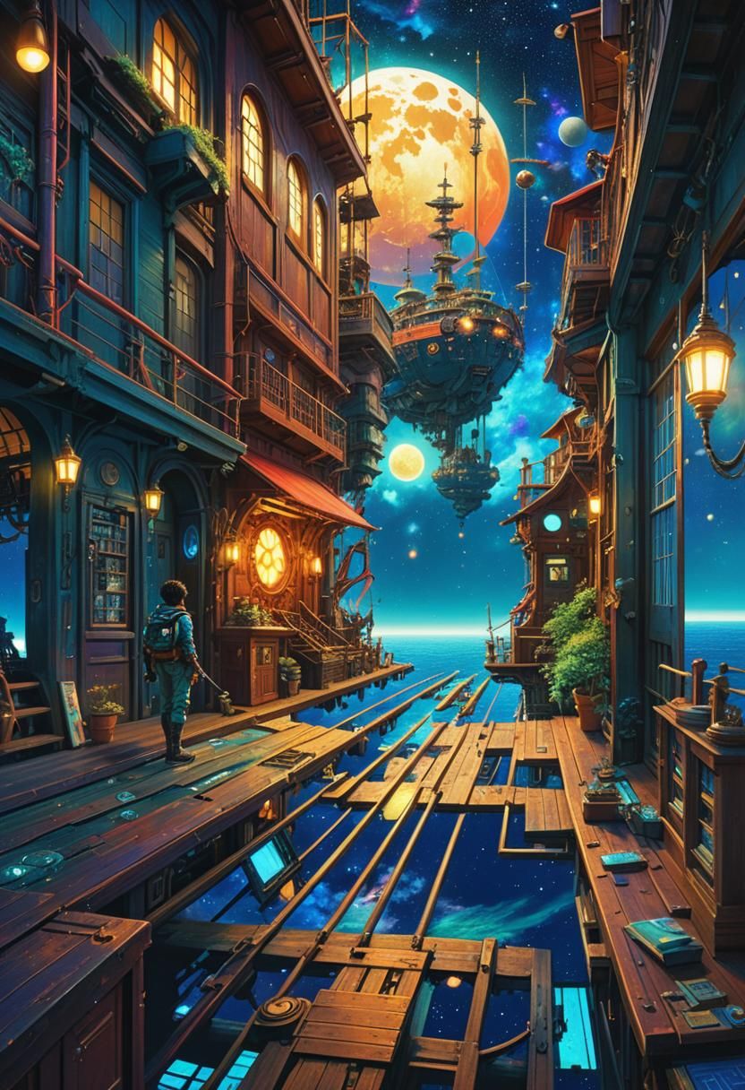 Retro Sci-Fi Pirate Ship Under Starry Sky