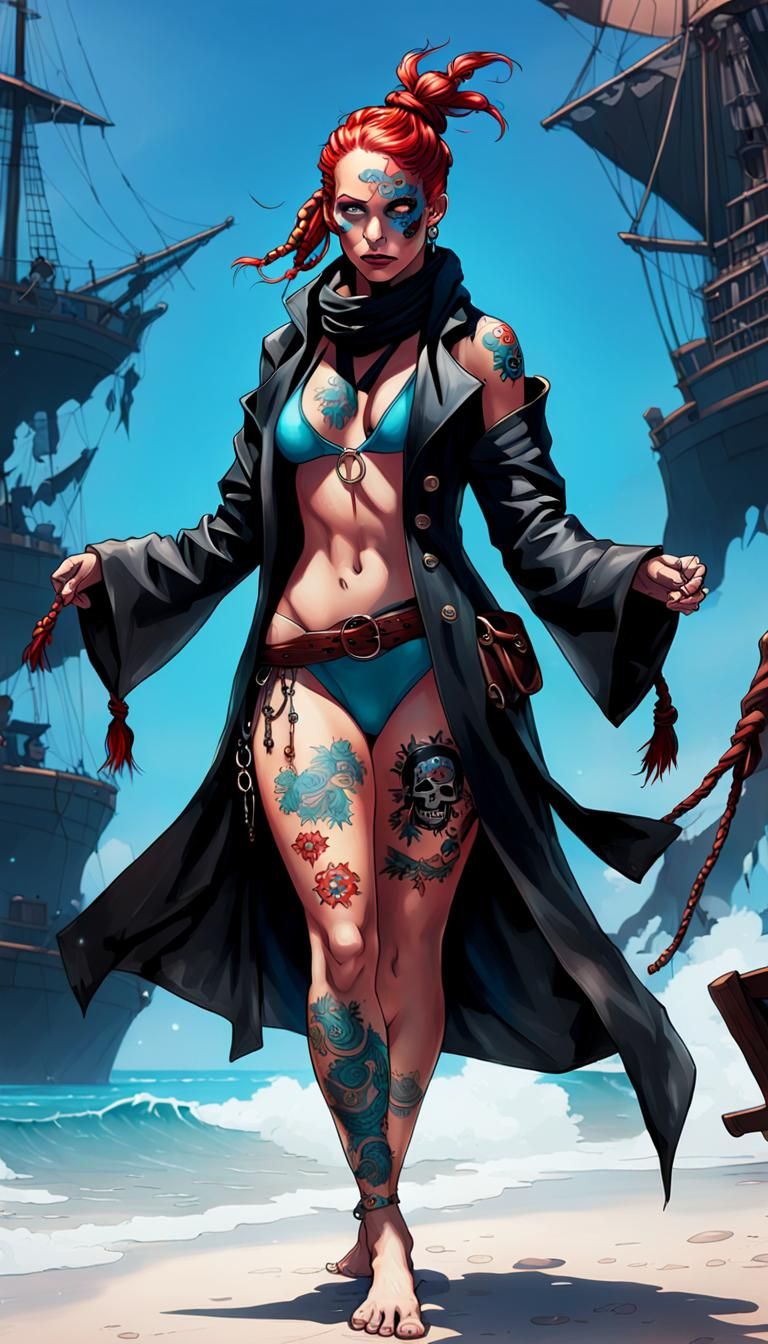 Pirate Girl with Blue Tattoos, Hyperdetailed Concept Art