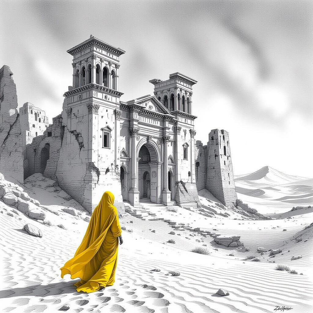 Monochrome Ruined City Approached by Yellow-Robed Woman