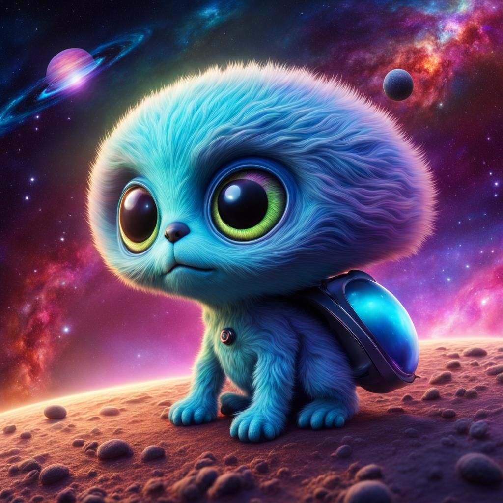 Adorable Fluffy Alien with Blue Eyes in Galaxy