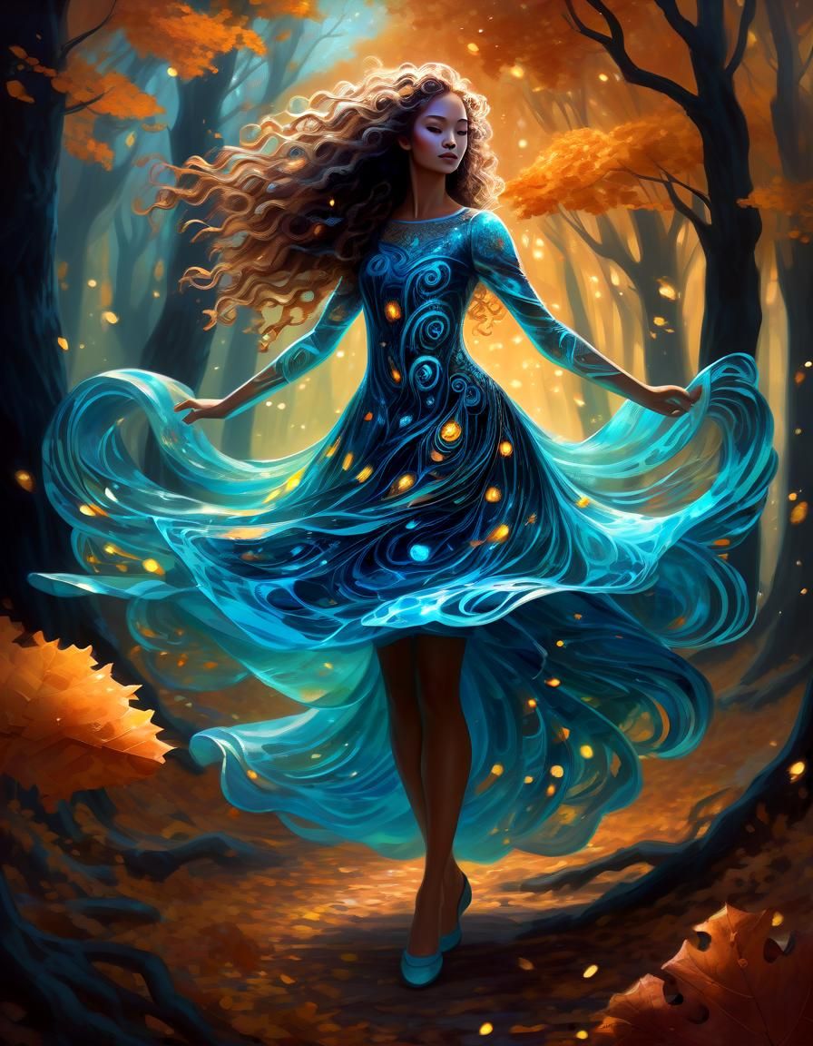 Bioluminescent Dancer in Autumn Forest Oil Painting