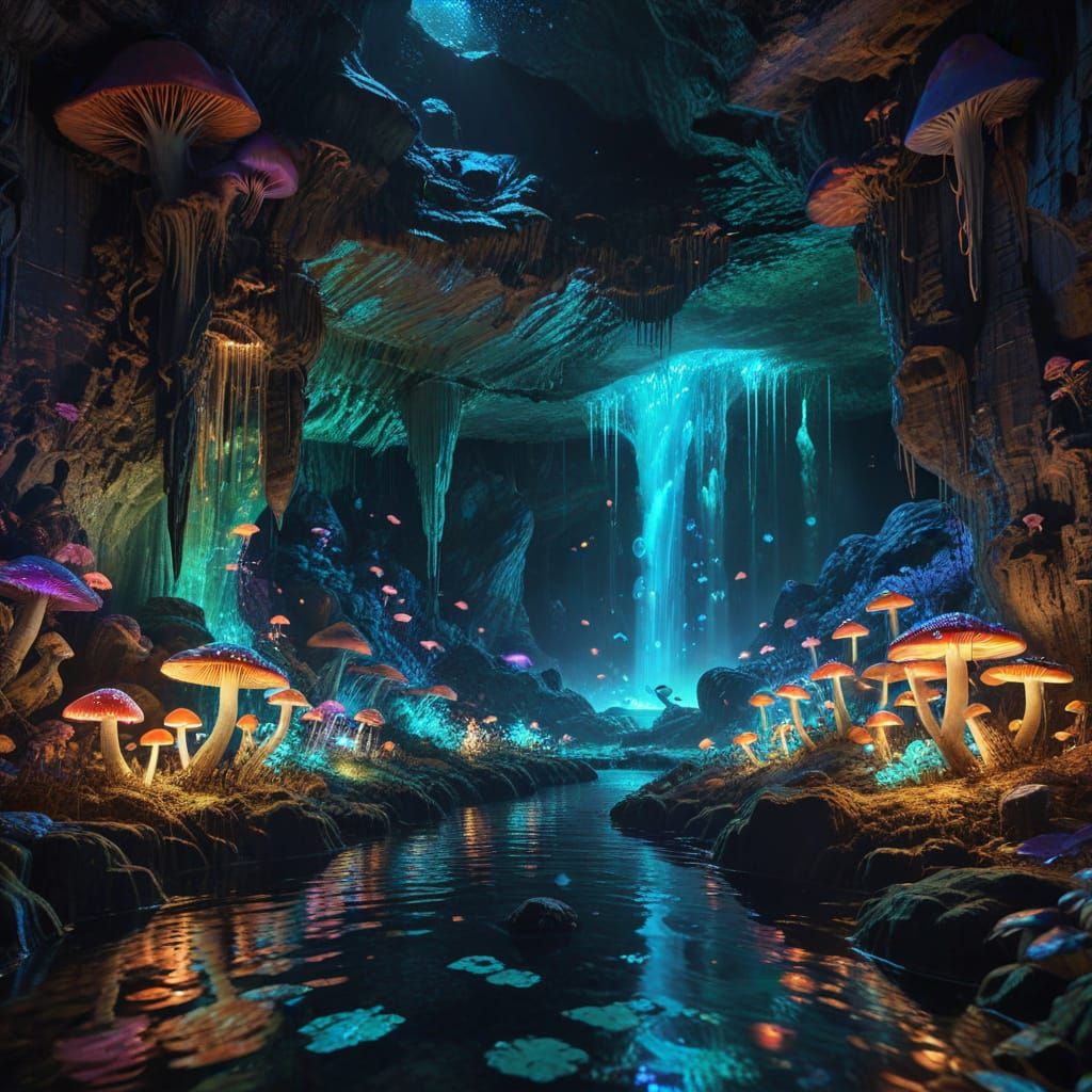 Bioluminescent Cave: Cosmic Astral Illustration