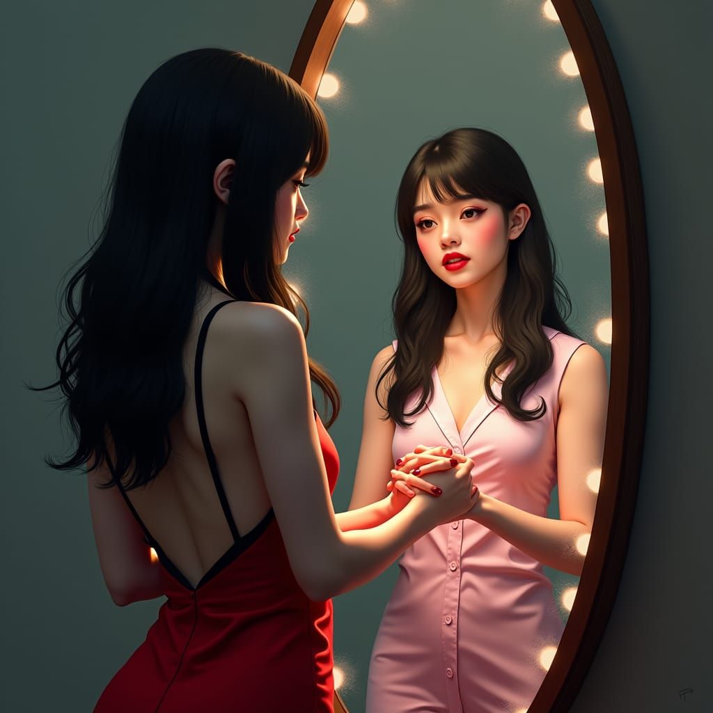 Melancholic Girl's Mystical Mirror Reflection