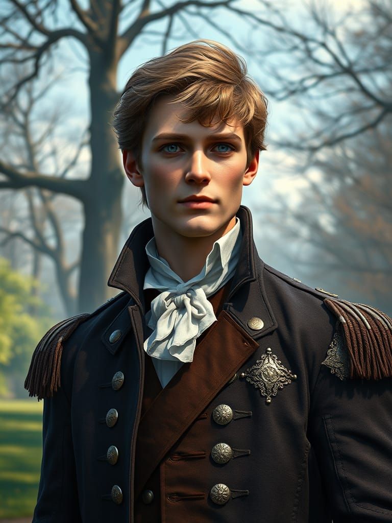 Regal Gentleman Strolls Through a Verdant 1812 Era Park