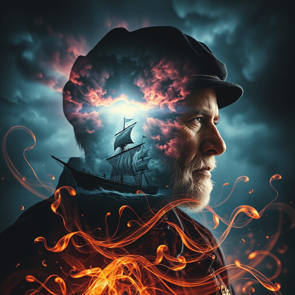 Surreal Captain Silhouette Filled With a Ship in a Storm