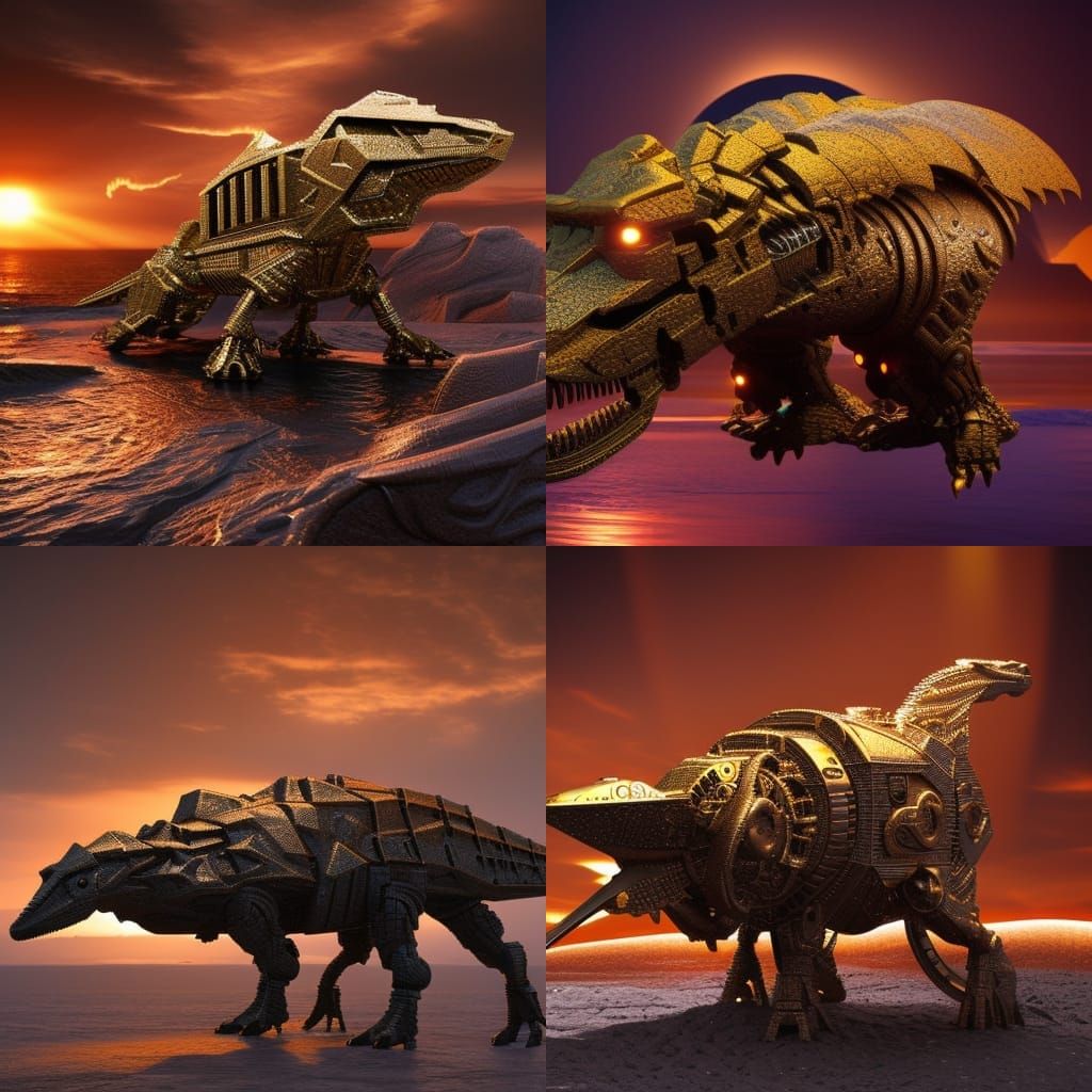 Cyborg monochromatic tetradic bronze gold 3d spaceship Dinasor clearly visible on the seashore hyperdetailedl sunset bac...