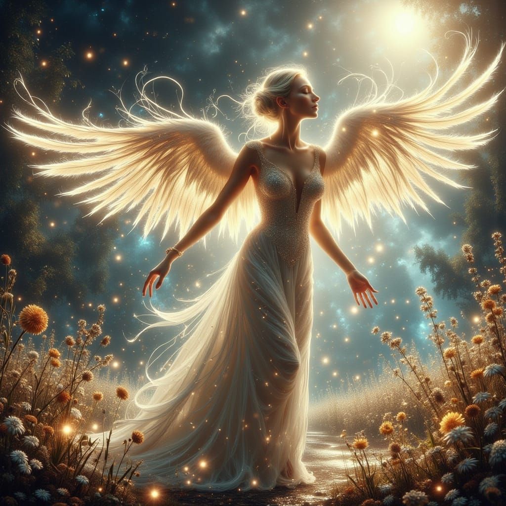 Stunning Angel with Feather Wings in Hyperrealistic Style