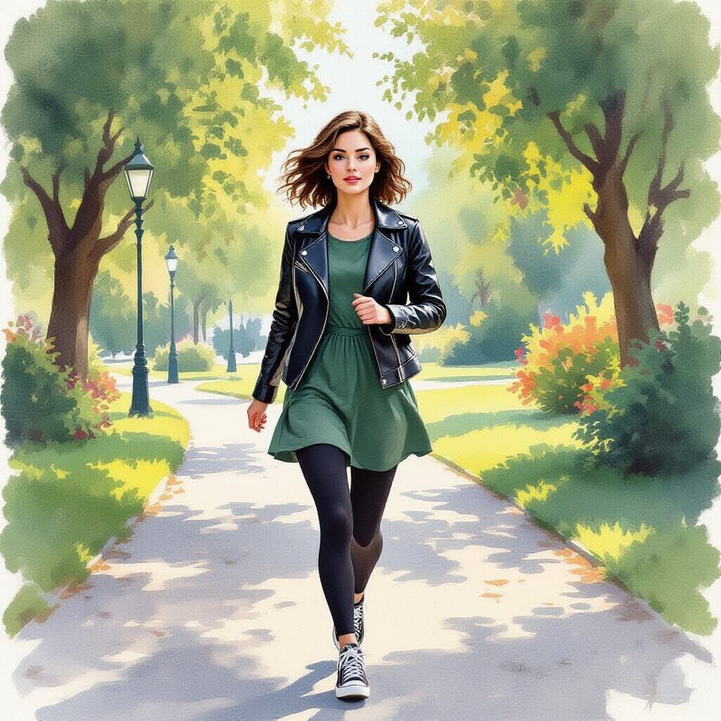 Woman in Leather Jacket in Park Watercolor Style