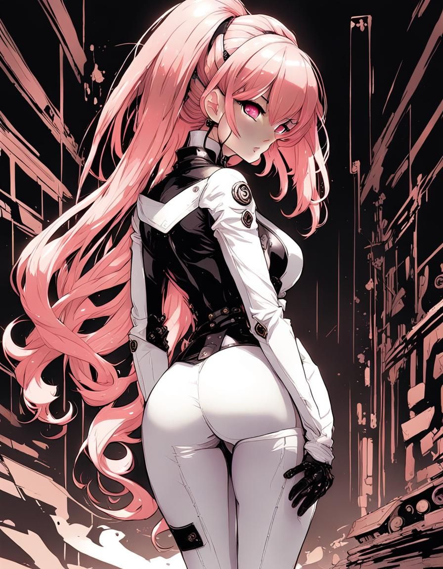 Anime girl, Pink one sided hair, big chest, perfect curvy bottom, from behind, she looks back to the viewer, sly look, b...