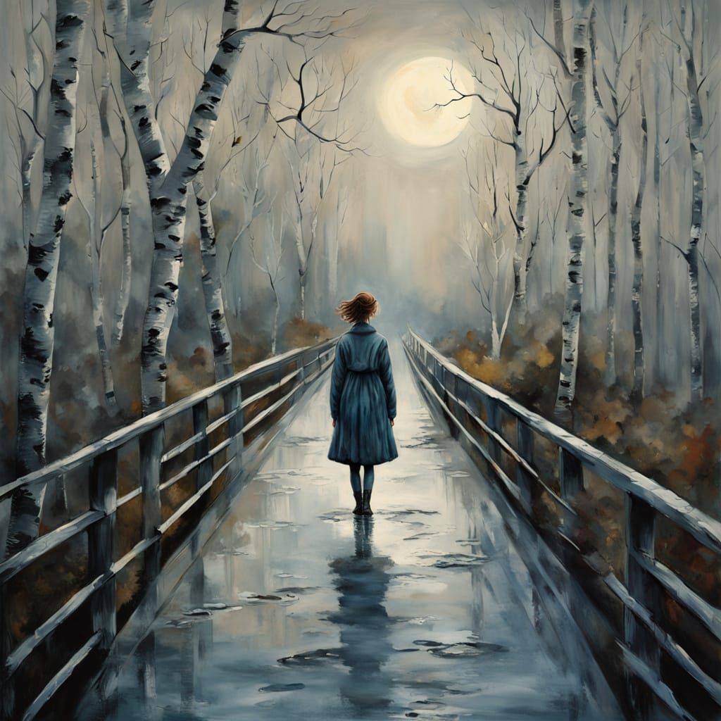 Surreal November Bridge Scene with Girl on E-Scooter