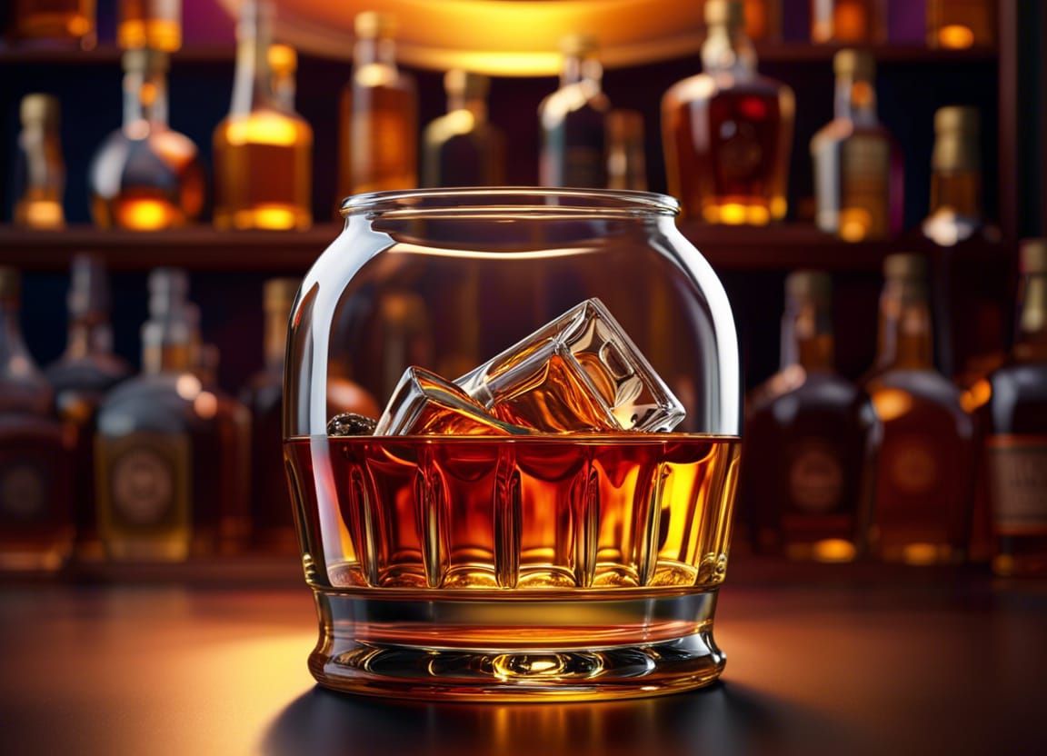 Whiskey in Stylish Jar, Hyperrealistic Splash Art