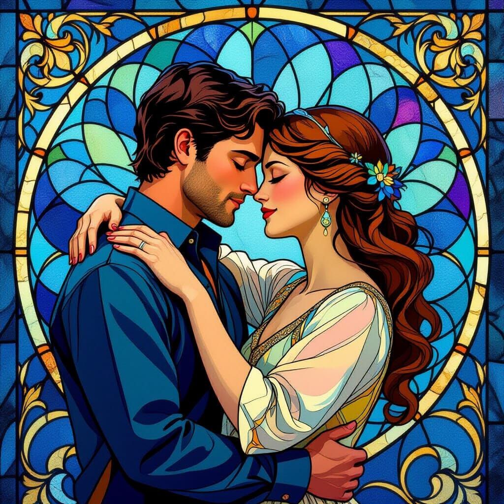 Embracing Couple in Stained-Glass Style