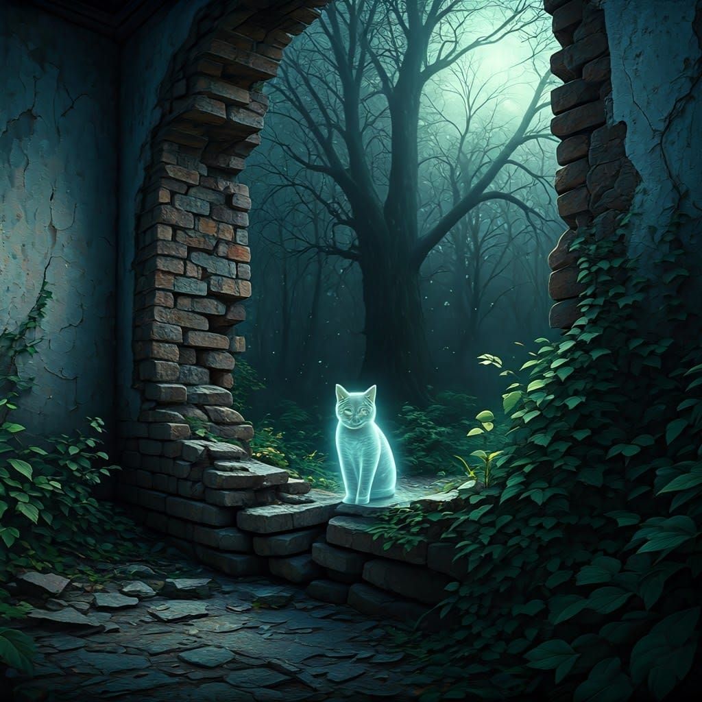 Ghostly Tabby Cat in Abandoned House Ruins