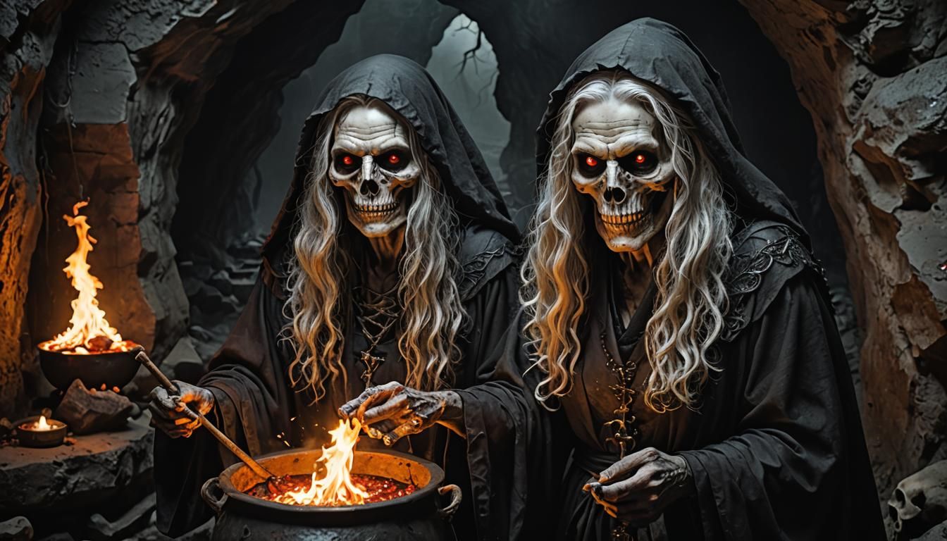 Medieval Witch in Dark Cave Performing Ritual