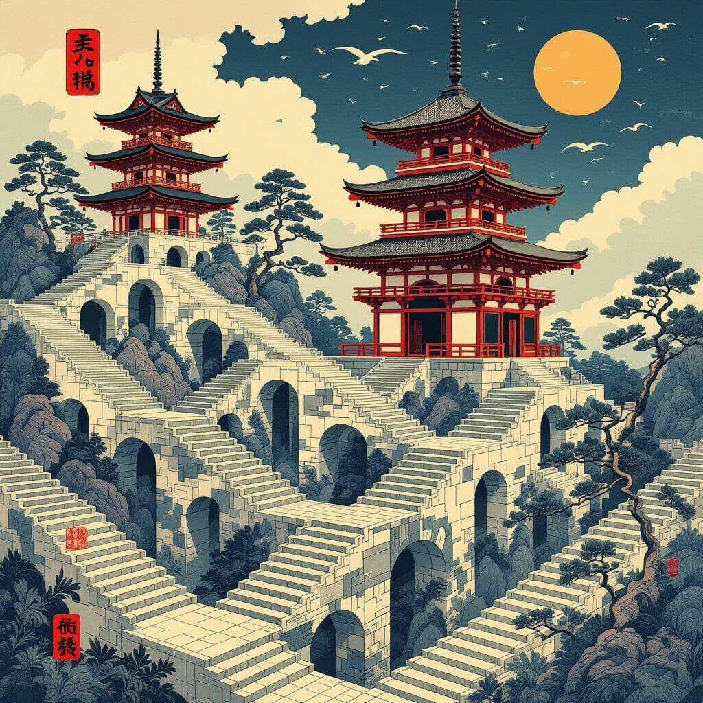 M.C. Escher.. paradoxical art woodcut and ukiyo-e style.. M....