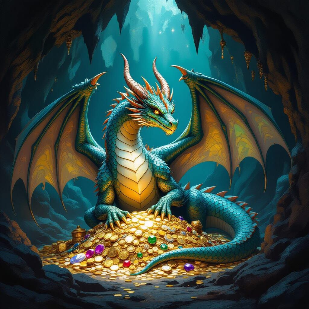 Majestic Dragon Guarding Treasure in Mystical Cave
