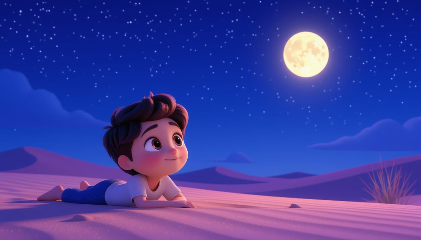 3D Character Dreams Under Starry Desert Night Sky