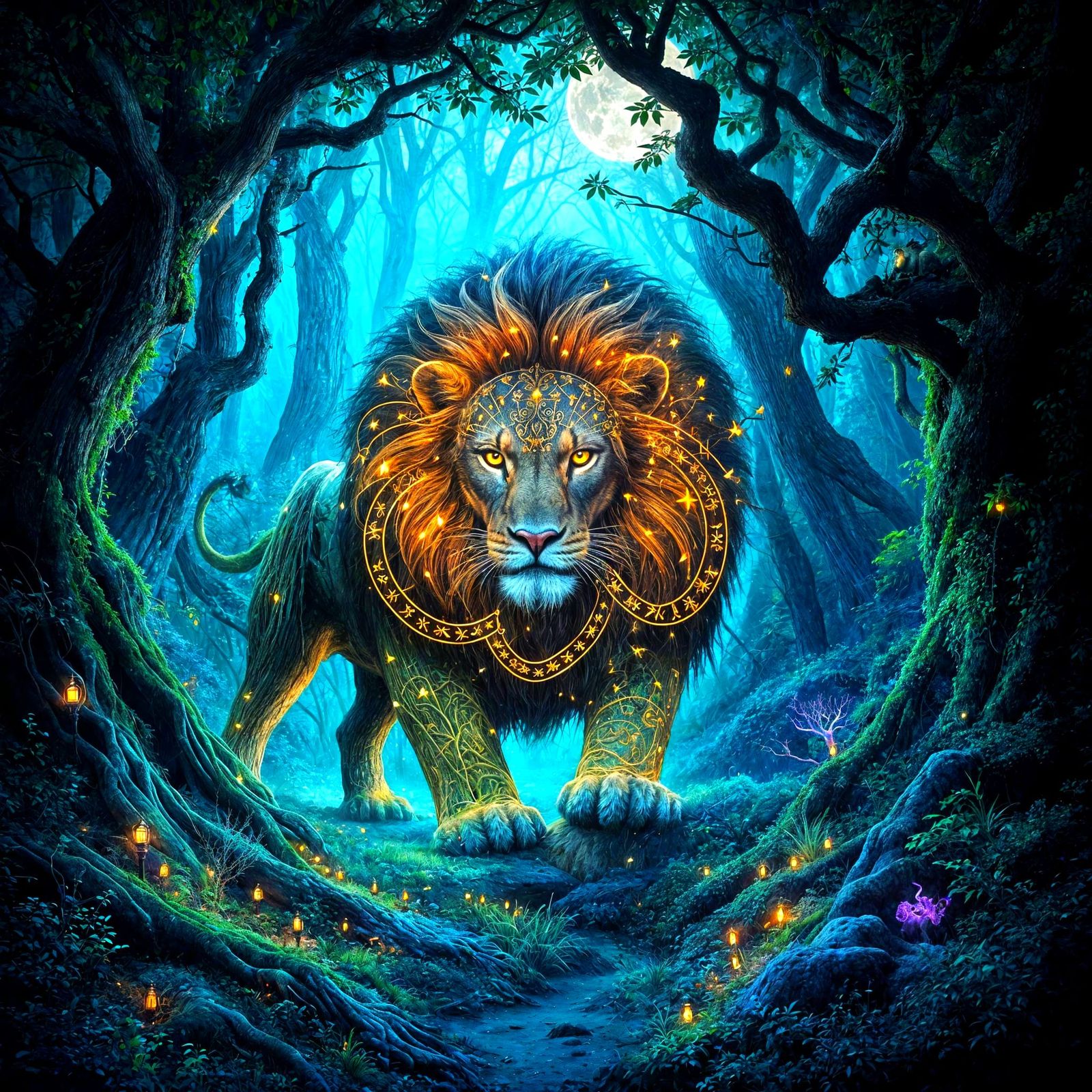 Majestic Lion with Rune Mane in Enchanted Forest