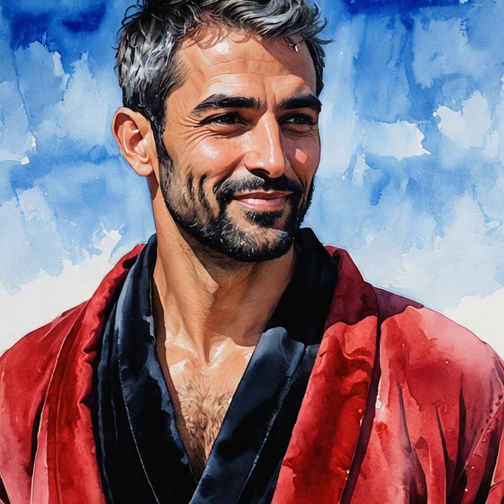 Attractive Man with Silver Hair in Impasto Oil Painting