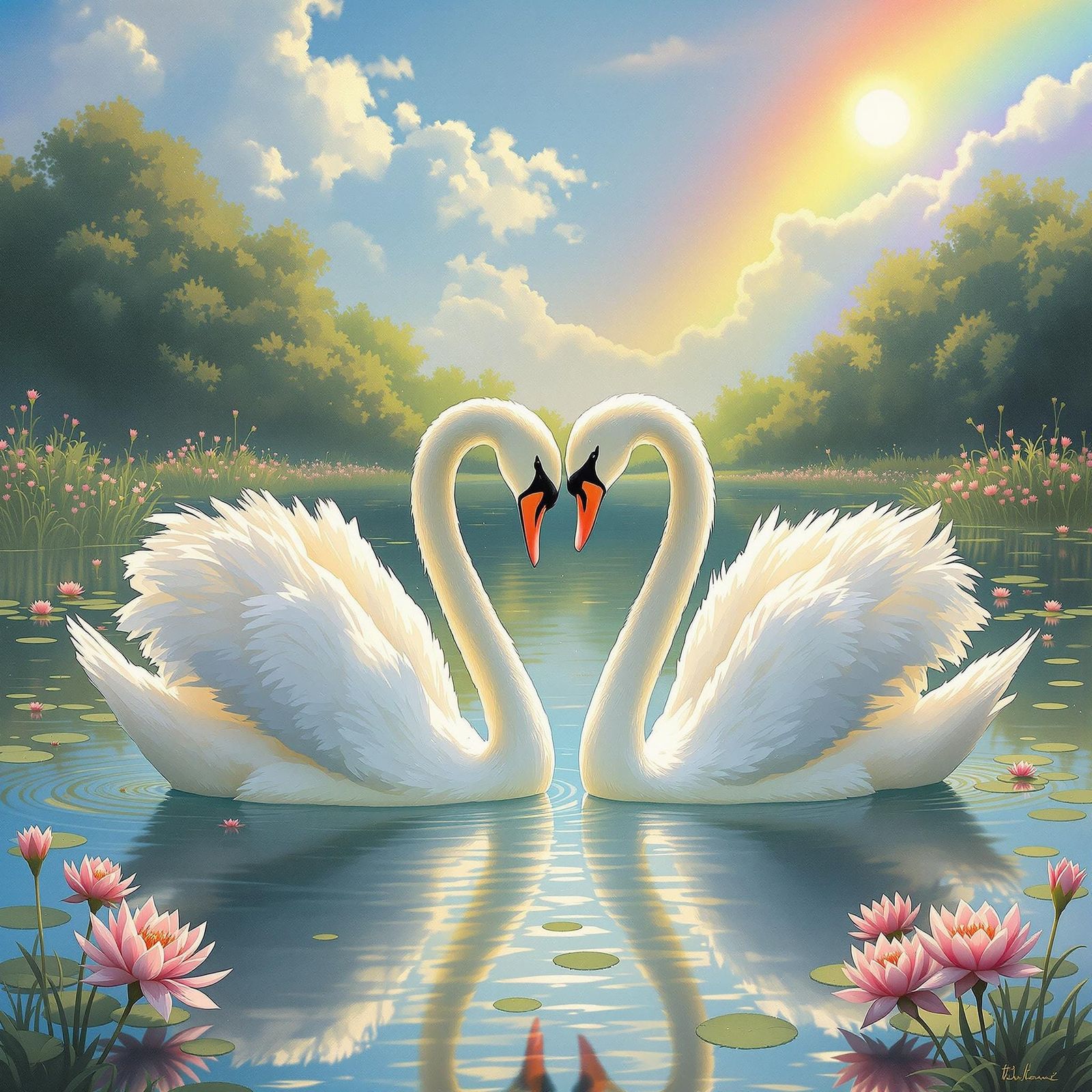 Swans Embrace in Pond with Water Lilies