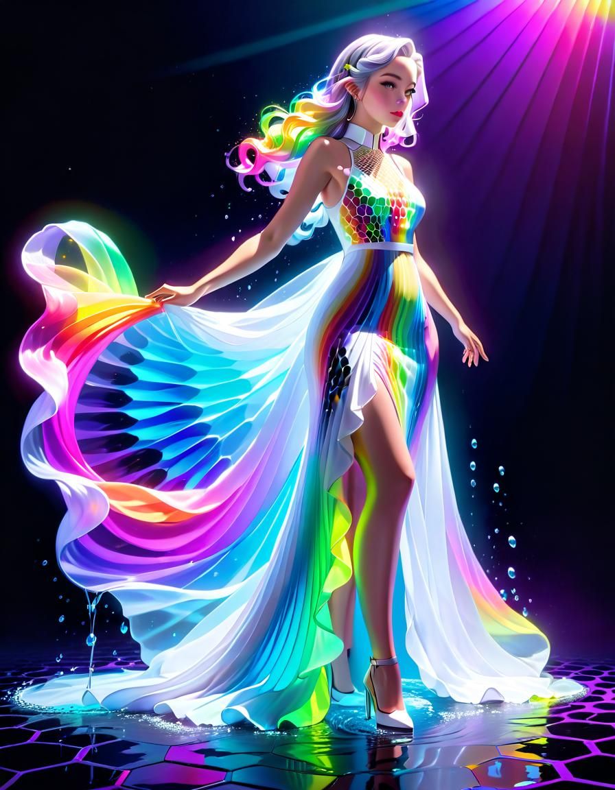 Neon Rainbow Woman in Hyperrealistic Splash Art