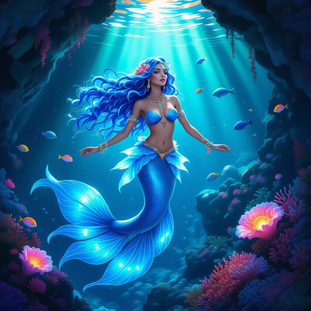 Bioluminescent Mermaid Dancing in Underwater Grotto