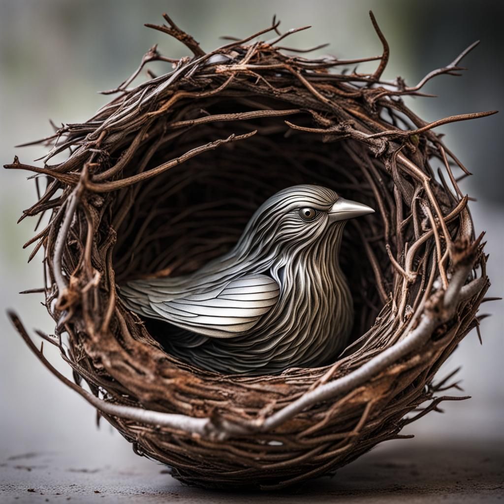 Metal Bird Sculpture in Industrial Nest
