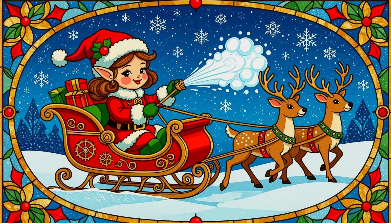 Steampunk Elf with Snow Blower in Sleigh, Christmas Scenery